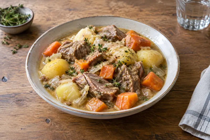 A bowl of pale lamb stew with potatoes, carrots and onions, topped with parsley
