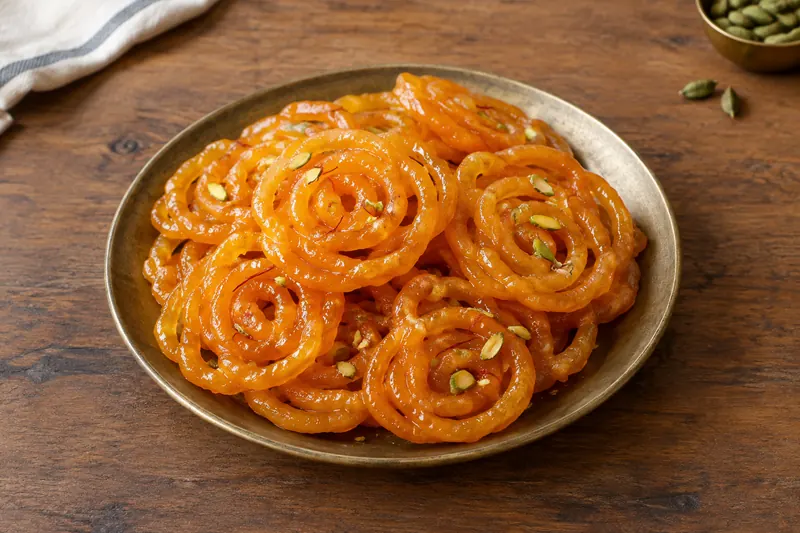 Bright orange crisp spirals glistening with syrup, stacked on a plate