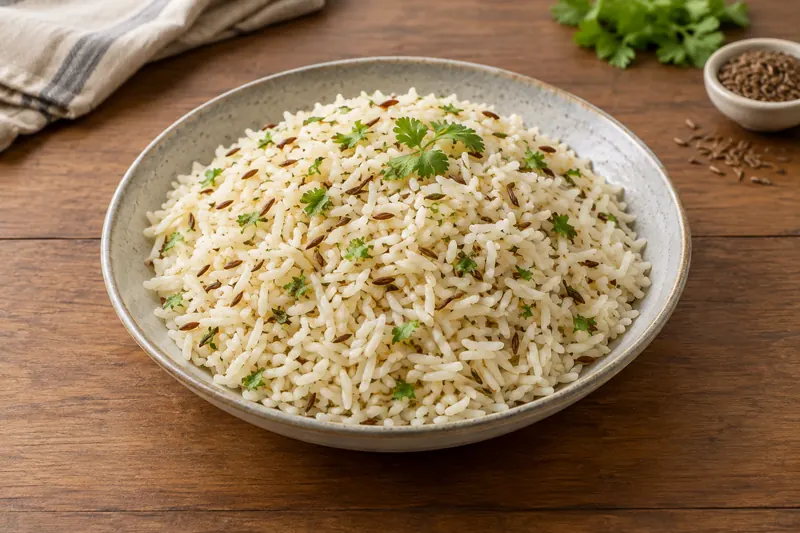 A bowl of fluffy white basmati rice flecked with toasted cumin seeds and coriander