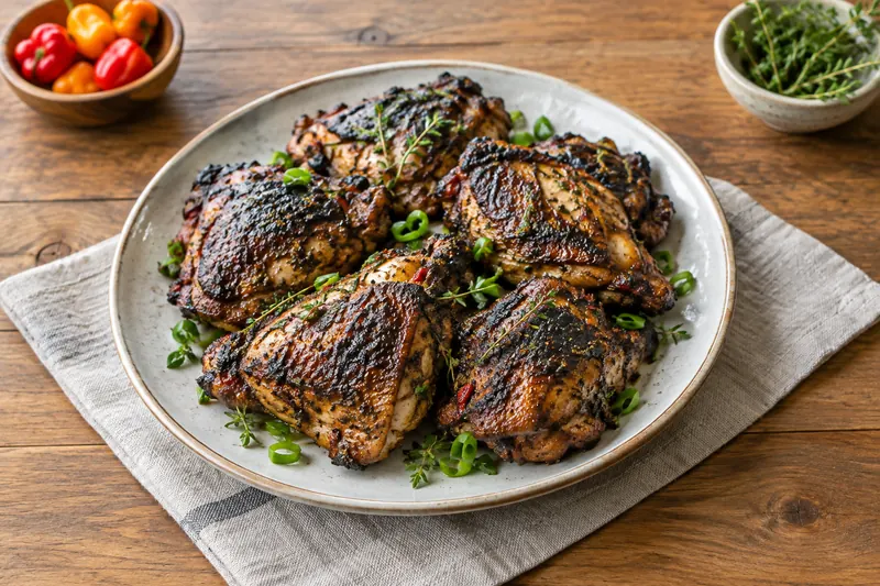 Charred jerk chicken pieces with lime wedges and a scattering of spring onion