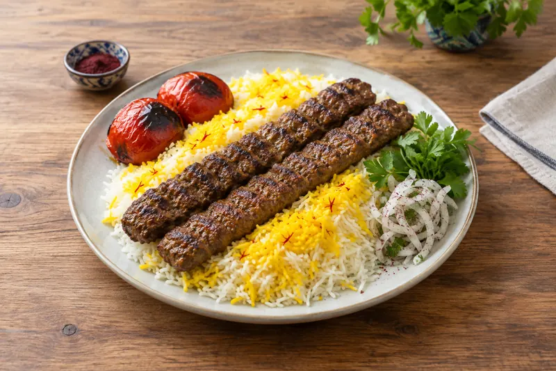 Long flat minced meat kebabs with ridges on skewers, with grilled tomatoes and rice