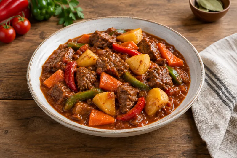 A pot of red beef stew with potatoes, carrots, peppers and green olives