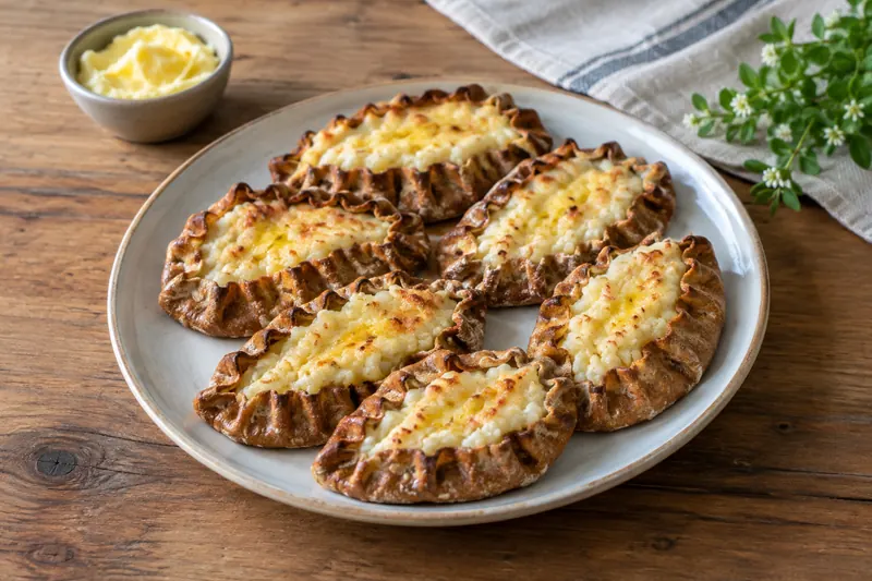 Oval Karelian rye pies with crimped edges and rice filling, with a bowl of egg butter