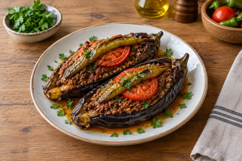 Split baked aubergines filled with spiced minced lamb, topped with tomato and green pepper