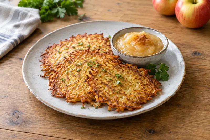 Crisp golden German potato pancakes stacked on a plate with a bowl of apple sauce