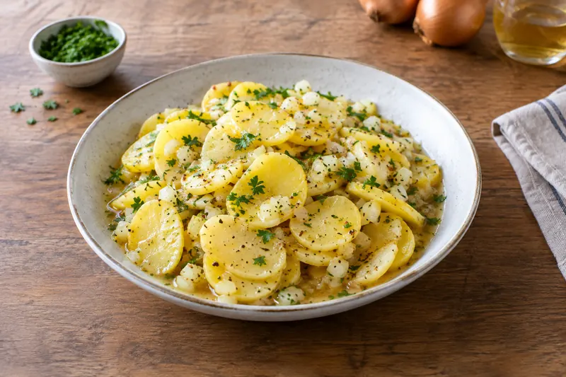 A bowl of sliced potato salad glossy with dressing and scattered with chopped chives