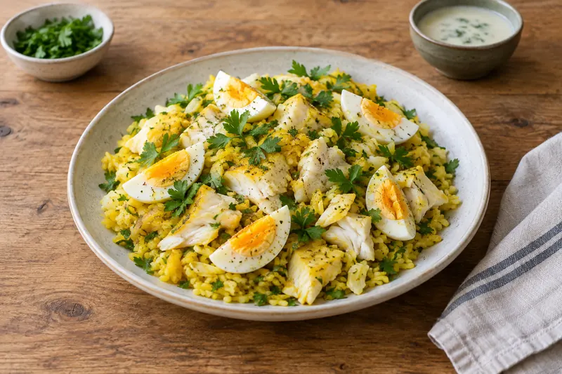 A pan of yellow curried rice with flaked smoked haddock, egg quarters and parsley