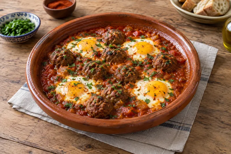 A tagine of meatballs in red tomato sauce with eggs set on top and chopped coriander
