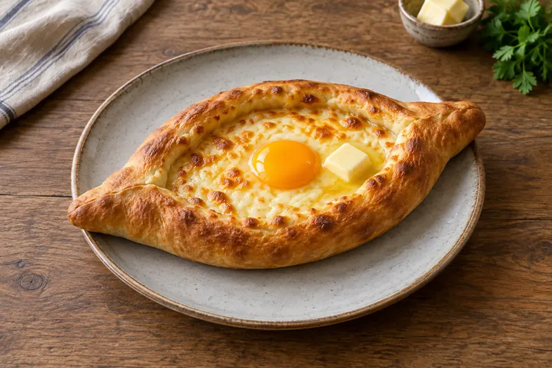 A golden boat-shaped bread filled with molten cheese, a bright egg yolk and melting butter in the centre