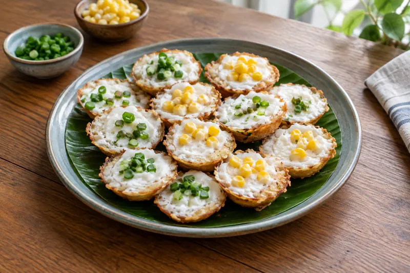 Small round coconut cakes in a dimpled pan, some topped with spring onion and corn kernels
