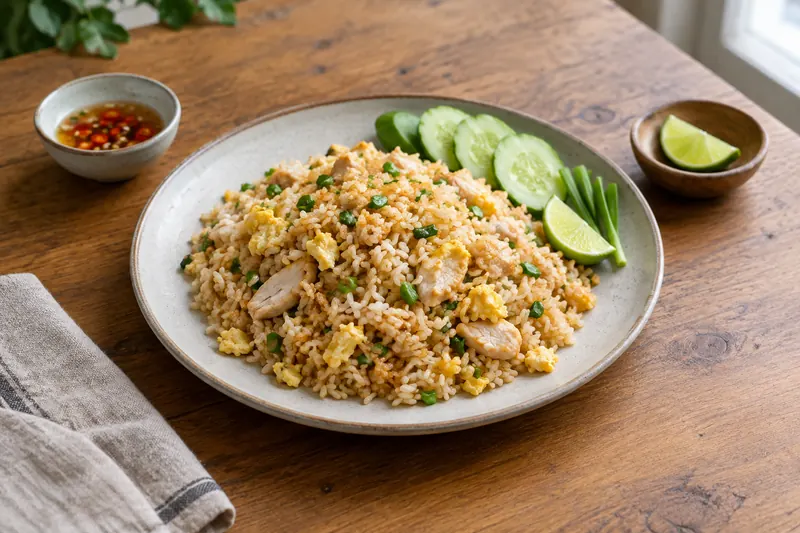 A plate of Thai fried rice with prawns, egg and spring onion, with lime and cucumber