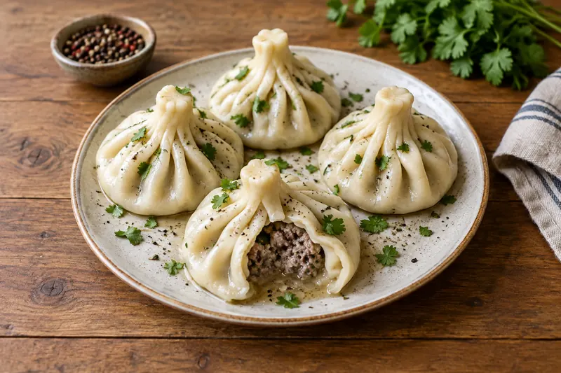 Large pleated dumplings with twisted topknots on a plate, dusted with black pepper