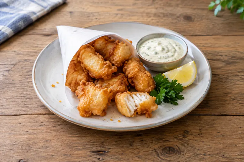 A paper cone of golden battered cod chunks with a tub of white garlic sauce