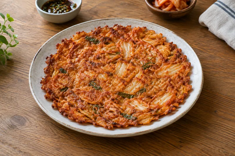 A crisp orange-red kimchi pancake cut into wedges with a soy dipping sauce
