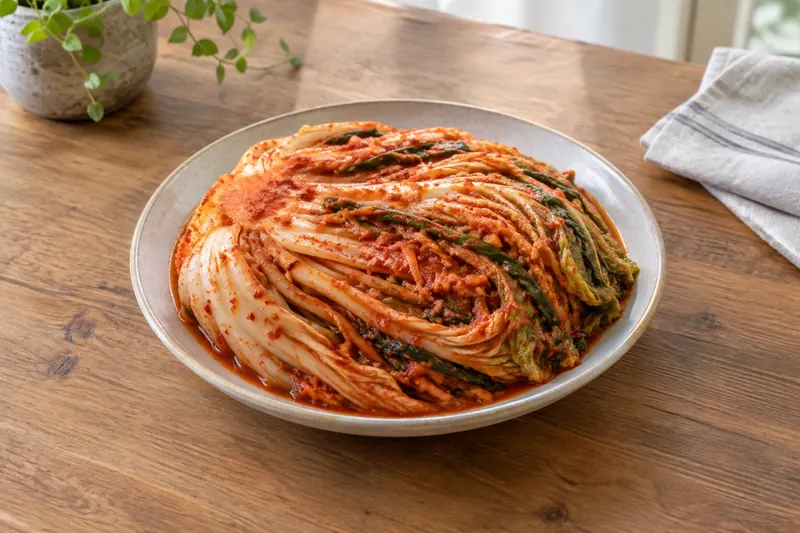A glass jar packed with bright red napa cabbage kimchi, with spring onion and chilli flakes