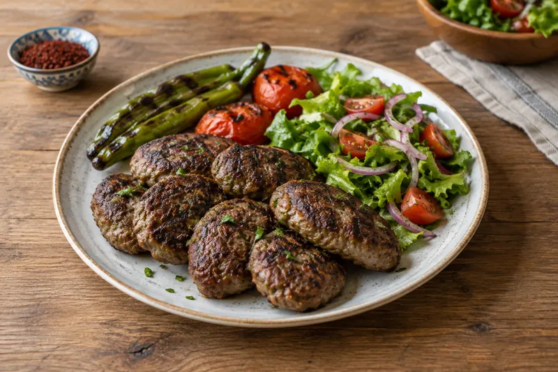 Oval grilled meatballs with dark grill marks, served on a white bean salad with red onion, parsley and lemon wedges