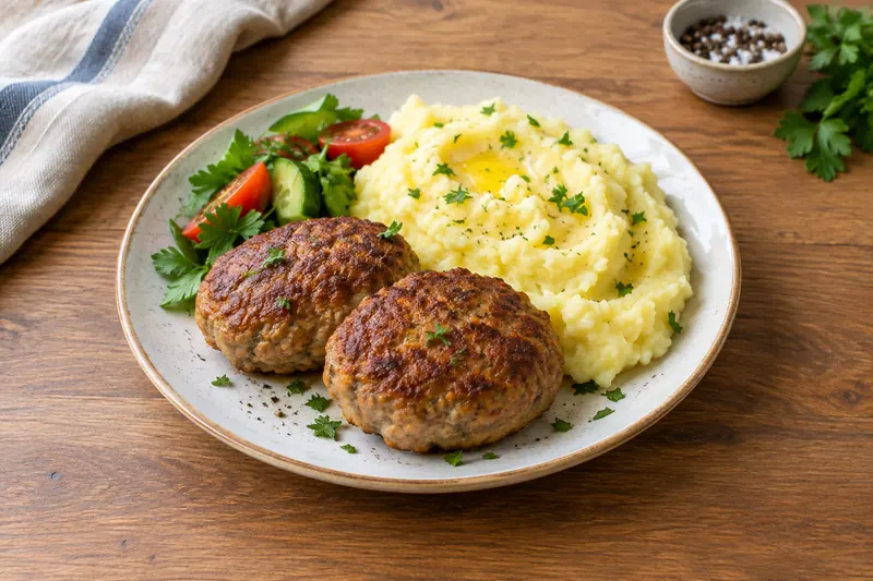 Golden fried oval meat patties with a pickled cucumber
