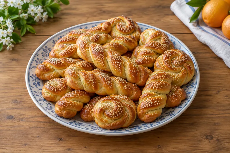 Braided and coiled golden glazed butter biscuits sprinkled with sesame seeds