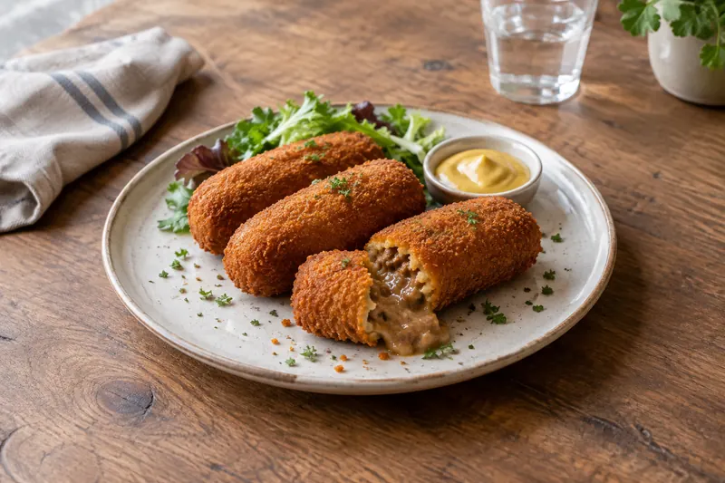 Golden Dutch croquettes, one broken open showing a molten beef ragout filling