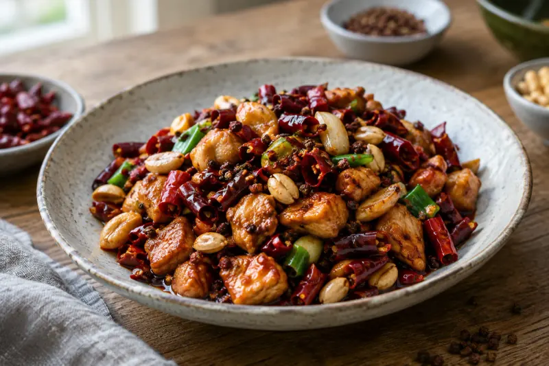 Kung pao chicken with dried red chilies, peanuts and spring onions in a wok