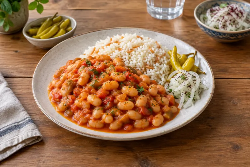 A bowl of white beans in a red tomato sauce beside rice pilaf and pickled peppers