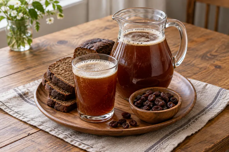 A glass mug of dark amber fizzy fermented drink beside slices of dark rye bread