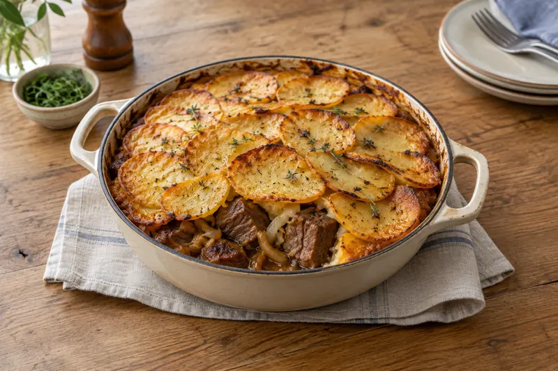 A hotpot with browned overlapping potato slices over lamb and onion in a deep casserole