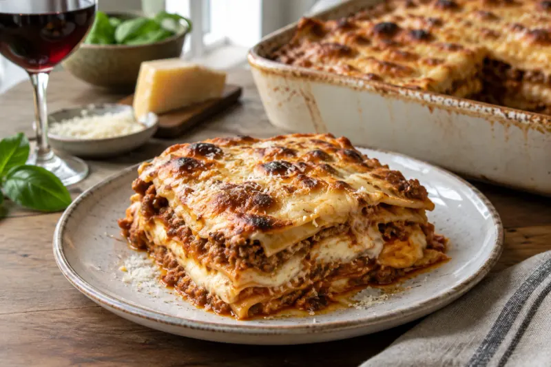 A square of lasagne alla bolognese lifted from the dish, showing layers of ragù and béchamel