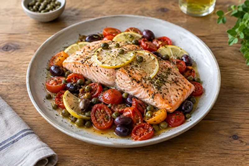 Baked salmon fillets with cherry tomatoes, olives, capers, lemon slices and herbs