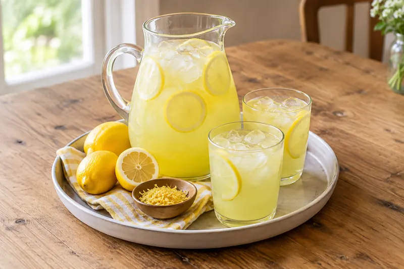 A glass jug of pale yellow cloudy lemonade with lemon slices and ice, beside two glasses