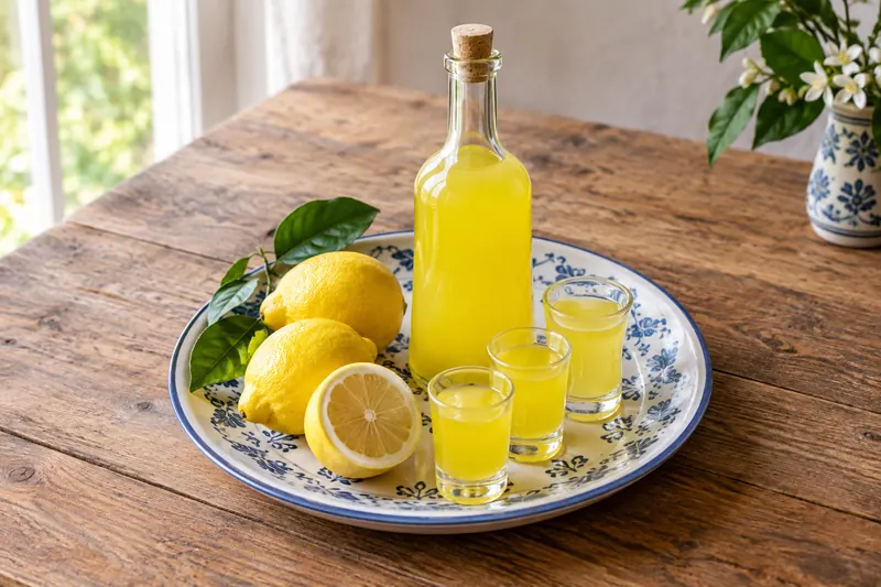 A frosted bottle and small glasses of bright yellow lemon liqueur beside fresh lemons