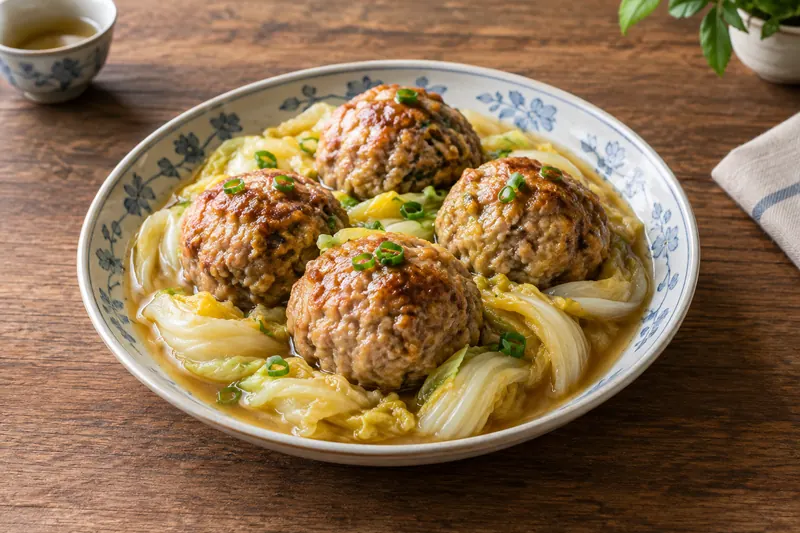 Large pork meatballs braised in a clay pot on a bed of soft napa cabbage leaves