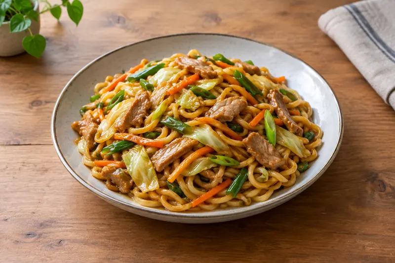 A plate of soft glossy egg noodles tossed with pork strips, cabbage, carrot and spring onion
