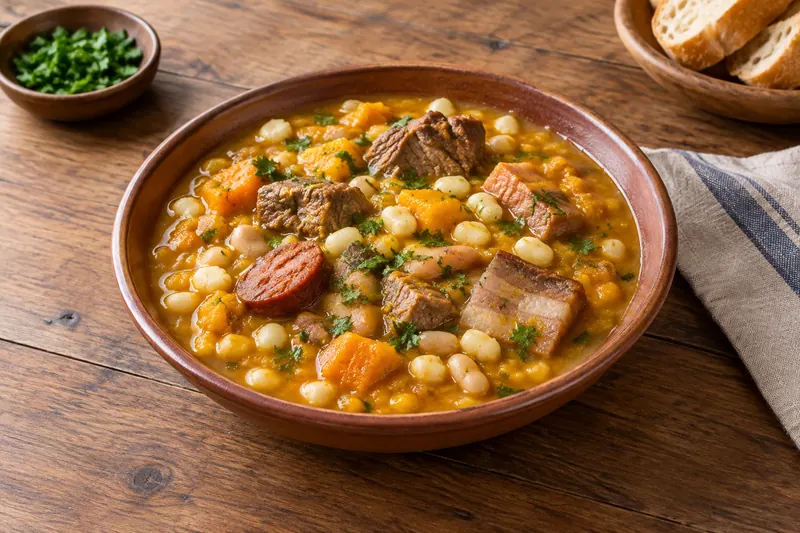 A thick stew of white corn, beans, pumpkin and meats with a red paprika oil on top