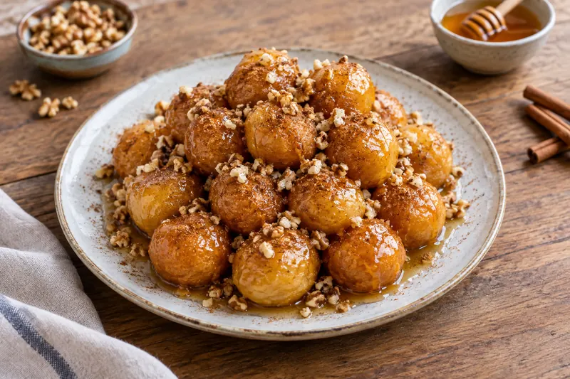 A plate of small golden fried dough balls glistening with honey, cinnamon and chopped walnuts