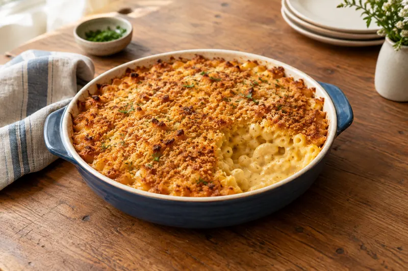 Baked macaroni cheese in a dish with a golden breadcrumb crust, a spoonful lifted out