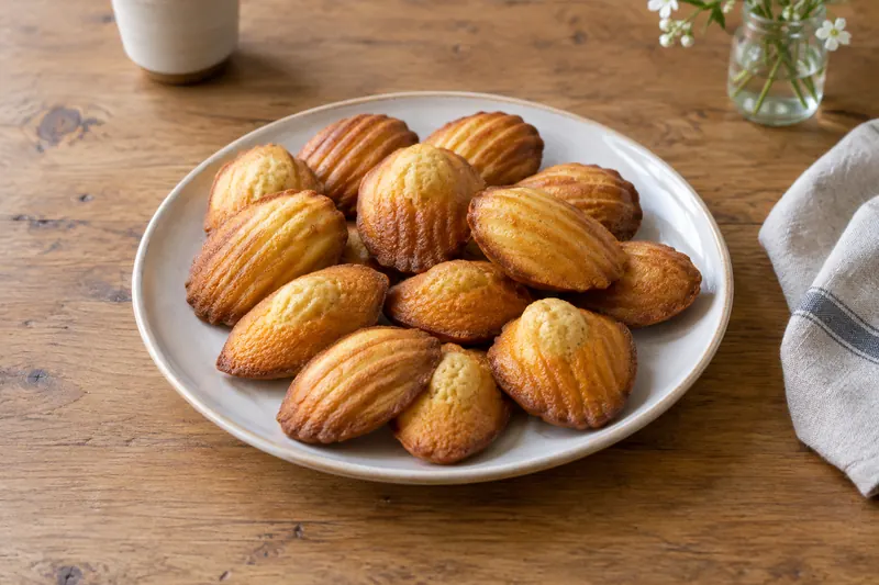Golden shell-shaped madeleines with a pronounced hump, dusted with icing sugar