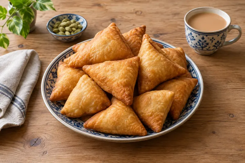 Golden puffed triangular doughnuts on a plate with a cup of spiced milky tea