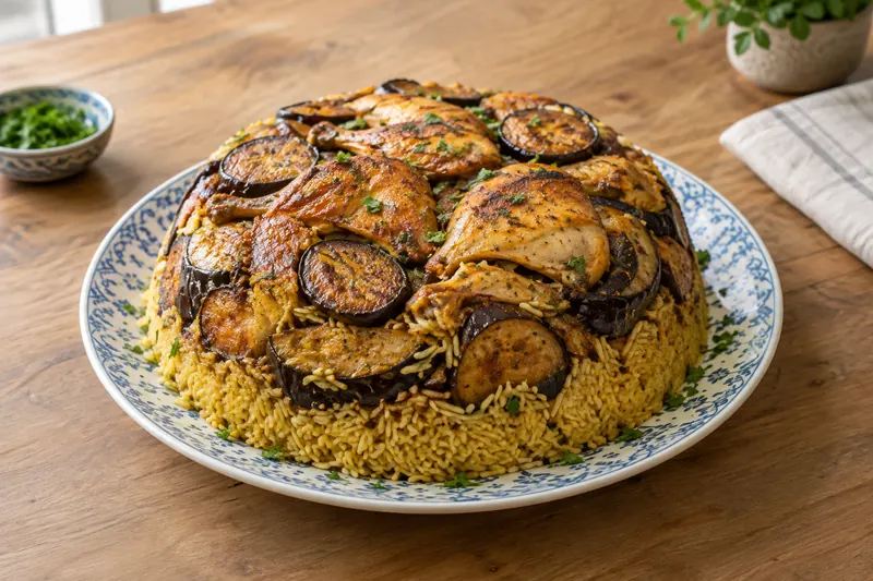 An inverted maqluba rice cake with aubergine and chicken on the outside, scattered with nuts