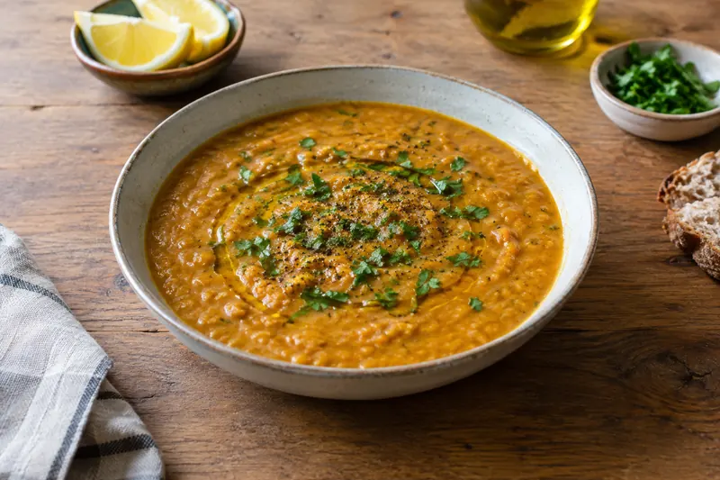 A bowl of orange lentil soup with a swirl of olive oil and chopped parsley