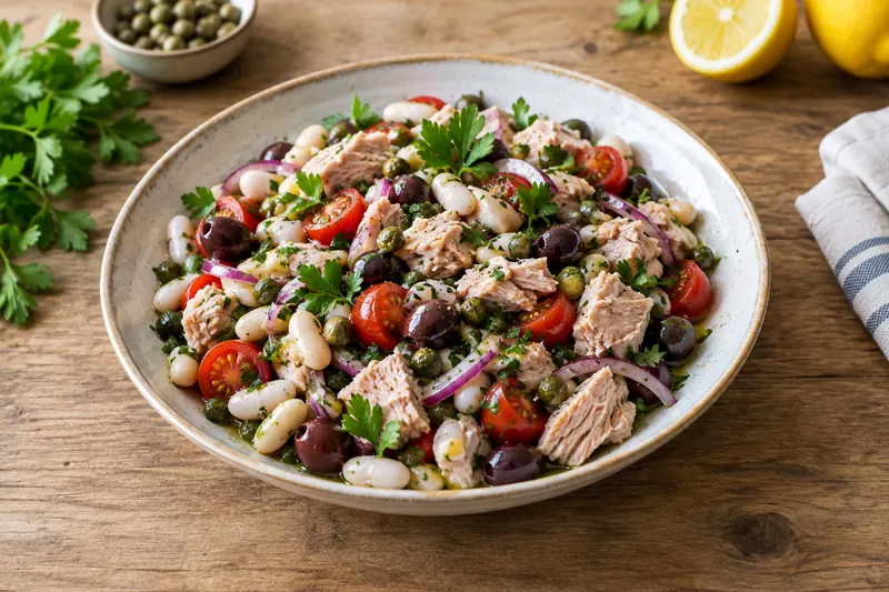 A bowl of white beans with flakes of tuna, red onion, cherry tomatoes, olives and parsley