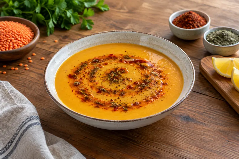 A bowl of smooth orange lentil soup with red chilli butter swirled on top and lemon wedges