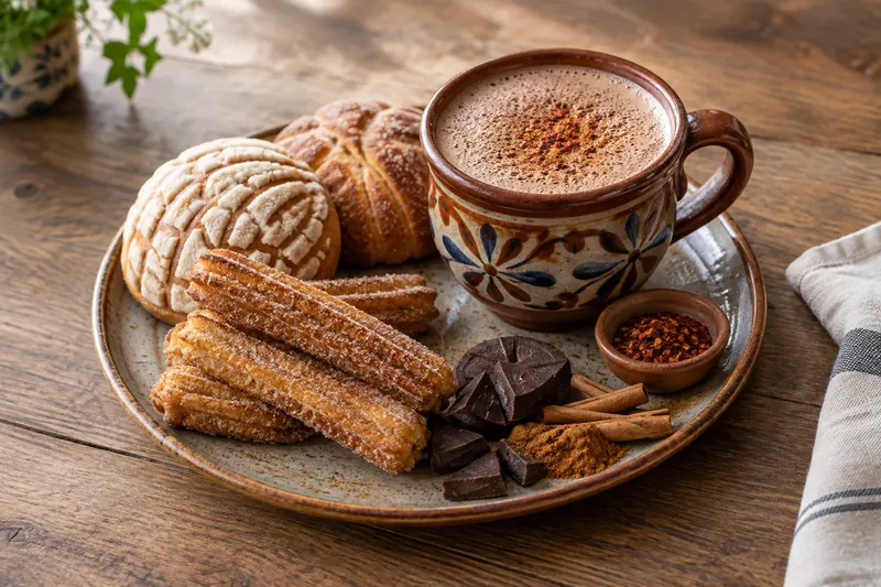 Clay mugs of frothy hot chocolate with cinnamon sticks beside a wooden molinillo whisk