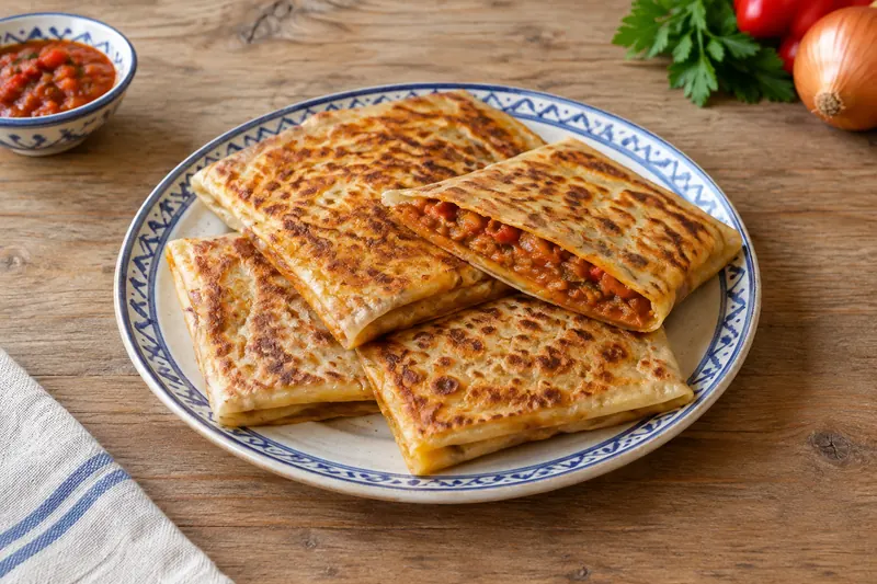 Square folded flatbreads with a golden griddled surface and a red tomato filling