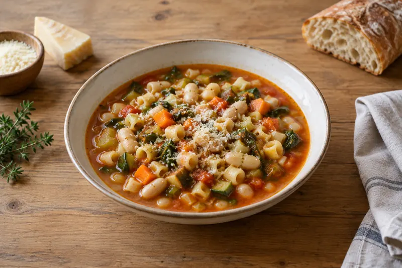 A bowl of vegetable and bean minestrone with small pasta, basil and grated parmesan