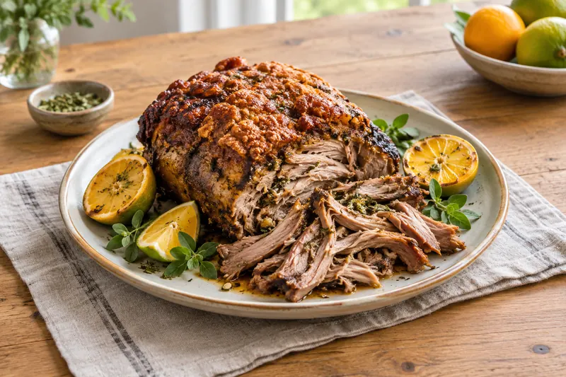 A roasted pork shoulder with crisp crackling, shredded, with pan juices and onions