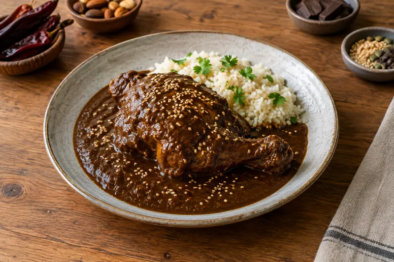 Chicken pieces under a dark glossy brown mole sauce scattered with sesame seeds