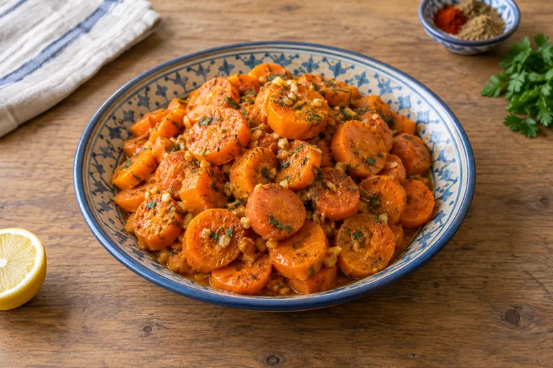 A bowl of sliced cooked carrots dressed with cumin and coriander, glossy with olive oil