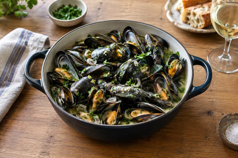 A pot of open mussels in white wine broth with shallots and parsley