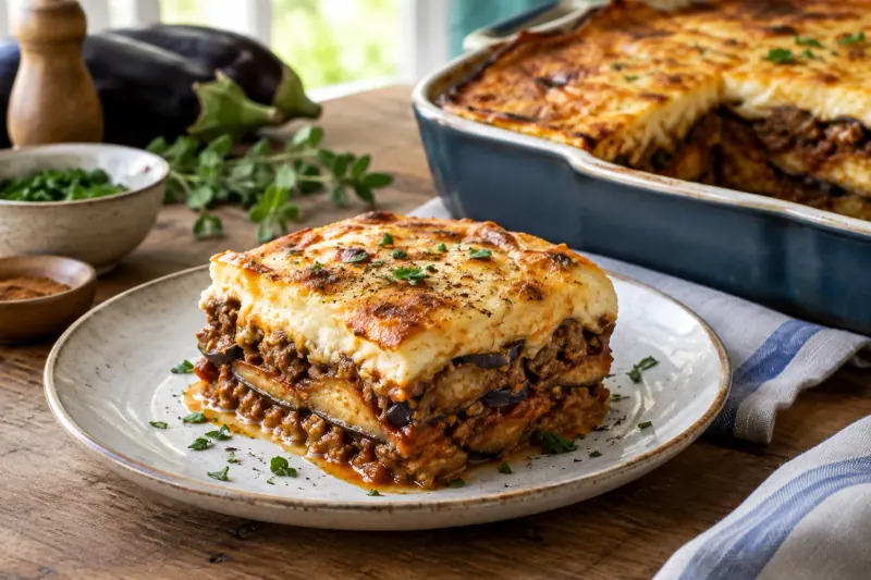 A slice of moussaka showing layers of aubergine, lamb sauce and golden béchamel